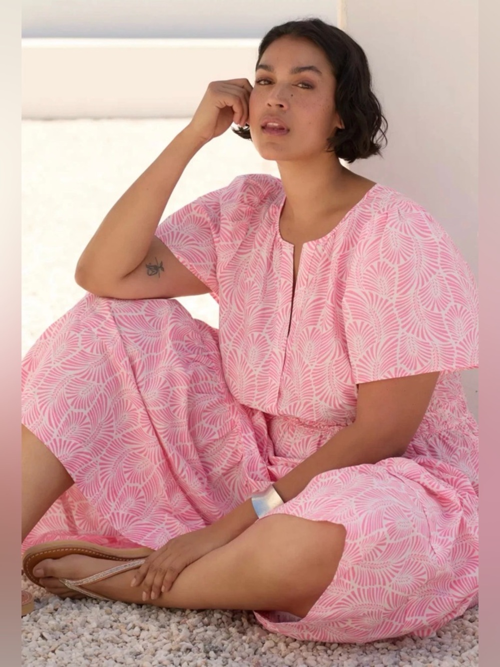 Anthropologie Pink Leaf-Print Short-Sleeve Maxi Dress - Picture 4 of 6